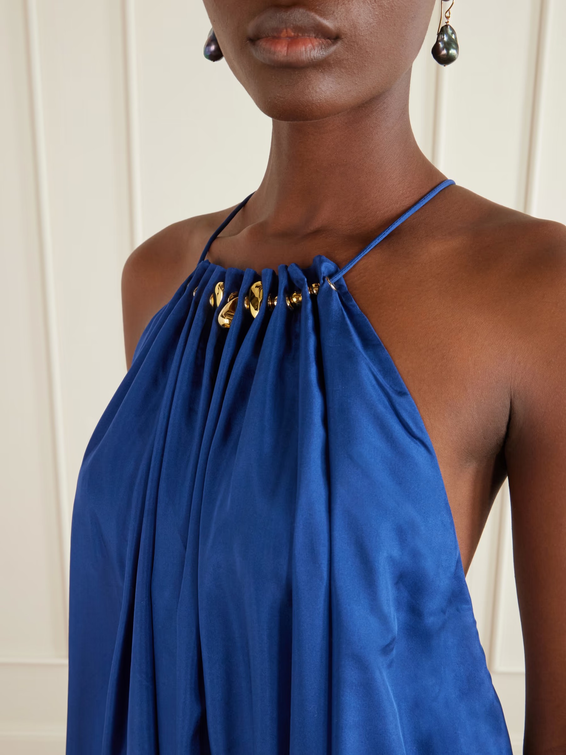 Aster gathered beaded silk-satin maxi dress