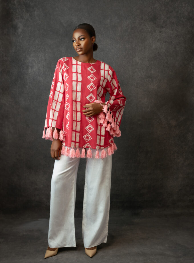 Loose Fit Shirt With Tassel Details And Linen Pants