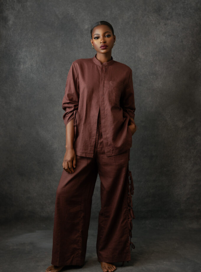 Drawstring Sleeve Shirt With Tie Knot Pants