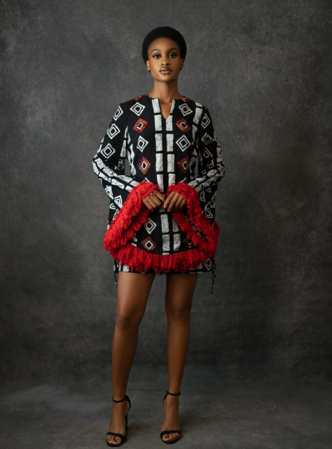Wool Embroidered Adire Shirt With Mini Skirt