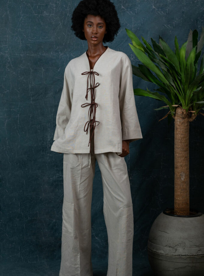 Linen Tie Knot Top And Trouser
